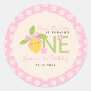 Little Cutie Lemon Fruit Pink 1st Birthday Party Classic Round Sticker