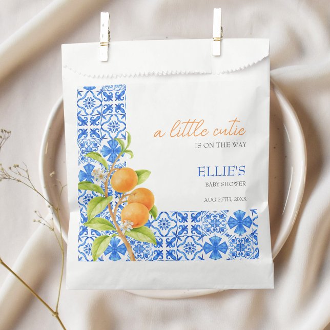 Little Cutie | Mediterranean Clementine Blue Tiles Favour Bag (Little cutie is on the way | Baby Shower Favor Bag)