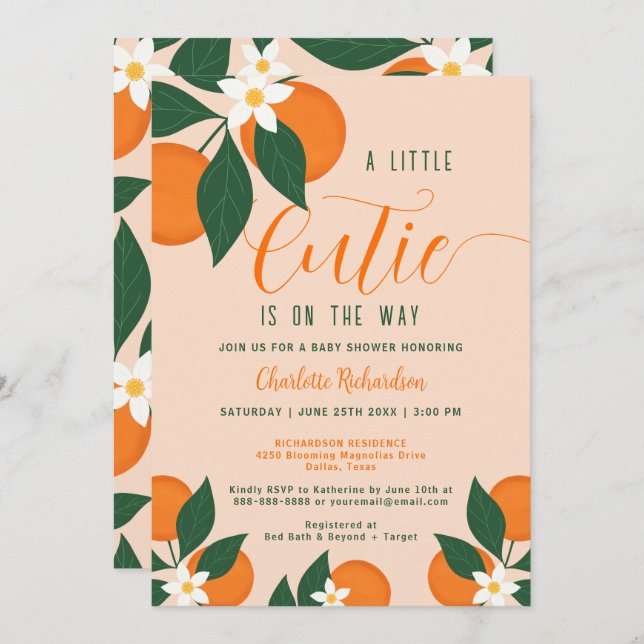 Little Cutie On The Way Citrus Orange Baby Shower Invitation (Front/Back)
