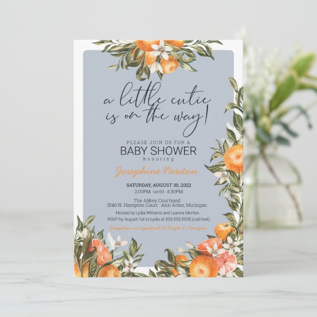 Little Cutie on the Way Orange Citrus Baby Shower  Invitation (Standing Front)