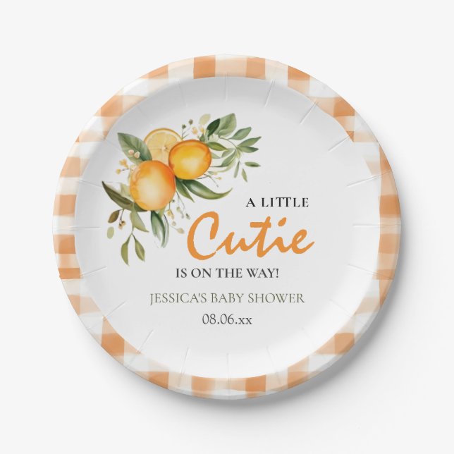 Little Cutie On The Way Orange Citrus Baby Shower Paper Plate (Front)