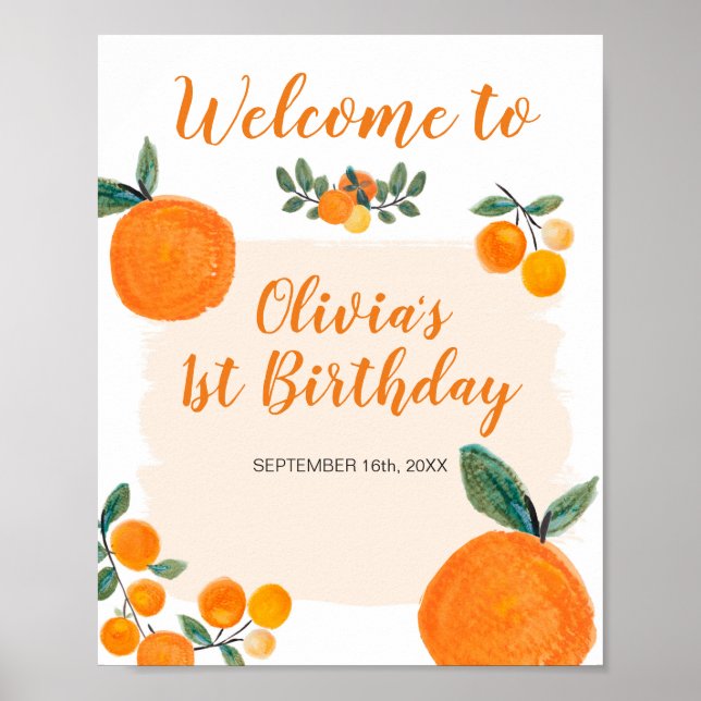 Little Cutie Orange 1st Birthday Welcome sign (Front)