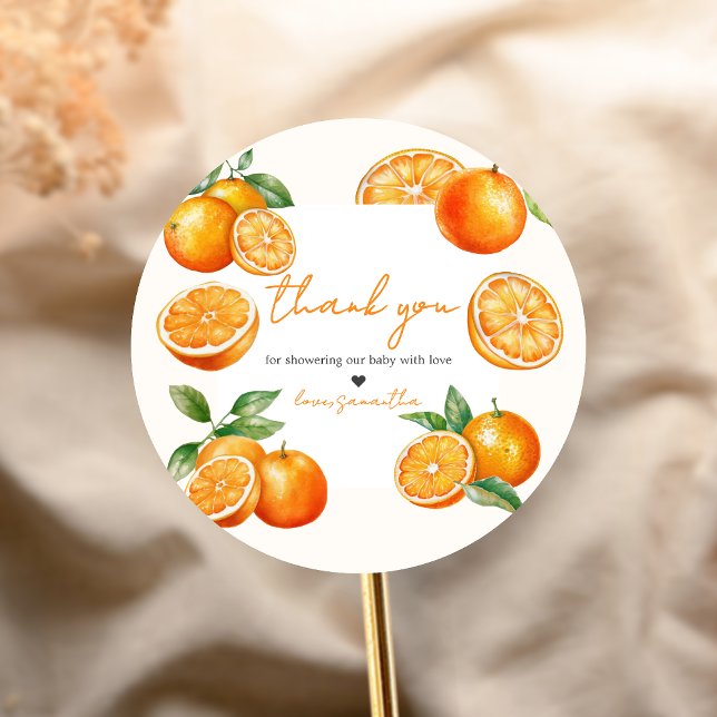Little Cutie Orange Baby Shower Classic Round Sticker (Little Cutie Baby Shower Sticker)