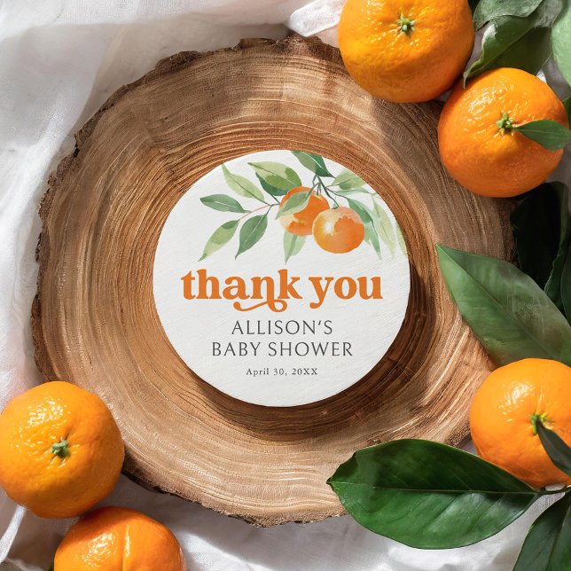 Little Cutie Orange Baby Shower Classic Round Sticker (Creator Uploaded)