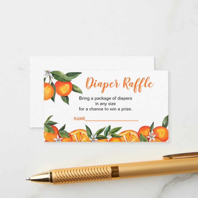 Little Cutie Orange Baby Shower Diaper Raffle Enclosure Card (Front/Back In Situ)