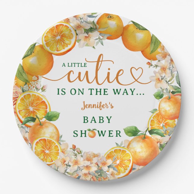 Little Cutie Orange Baby Shower Gender Neutral  Paper Plate (Front)
