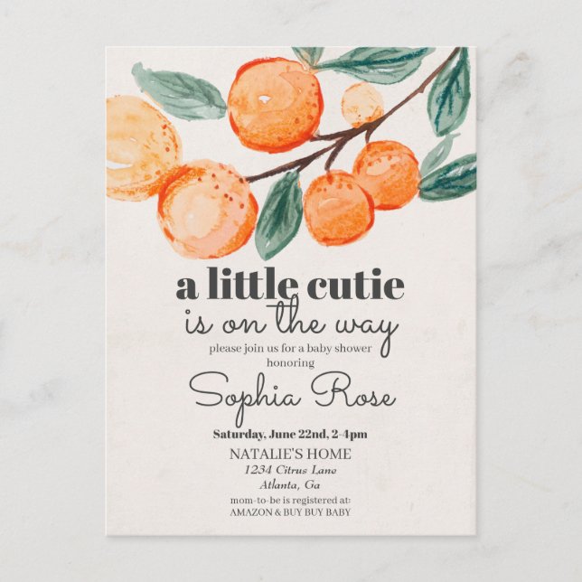 Little cutie orange baby shower invite postcard (Front)