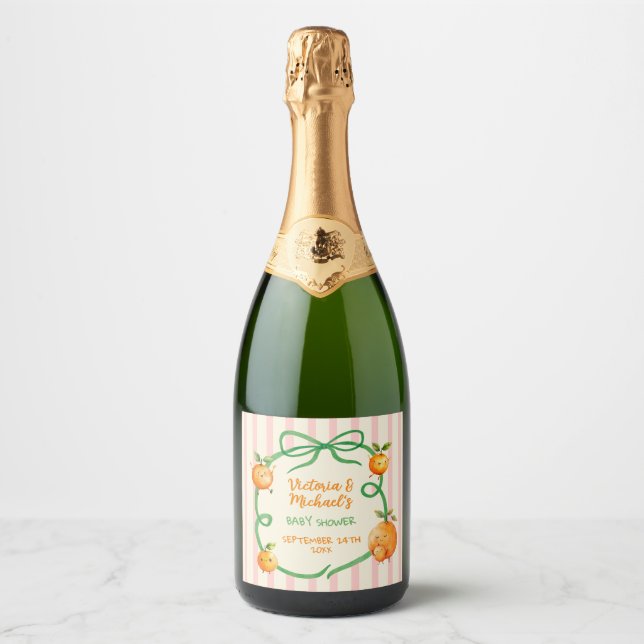 Little Cutie Orange Baby Shower Sparkling Wine Label (Front)