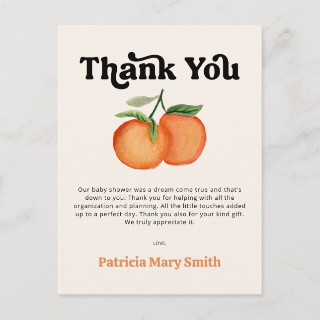 Little Cutie Orange Baby Shower Thank You Postcard (Front)