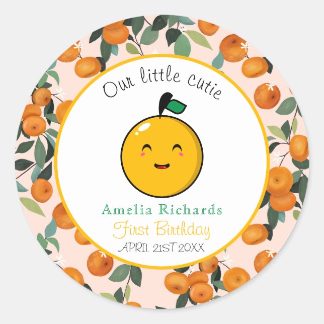 Little Cutie Orange Citrus 1st Birthday  Classic Round Sticker (Front)