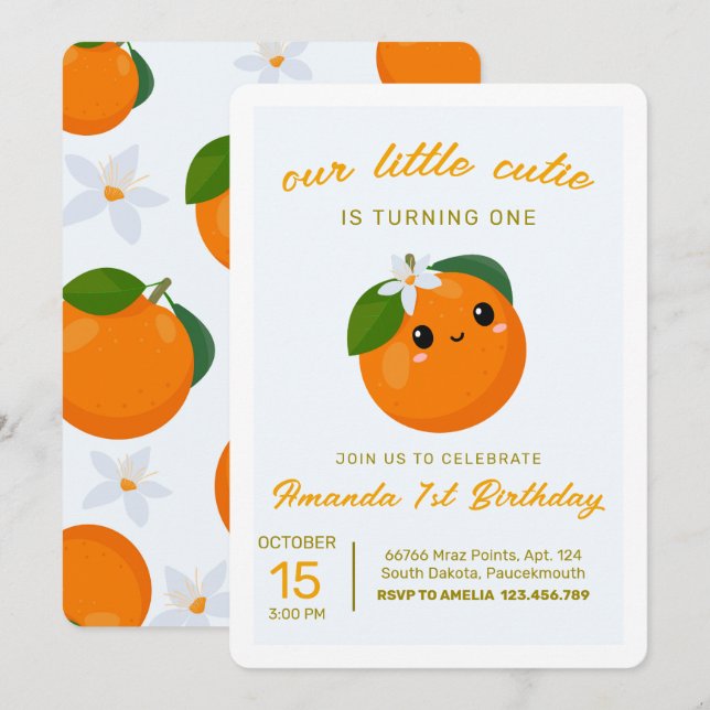 Little Cutie Orange Citrus 1st Birthday Invitation (Front/Back)