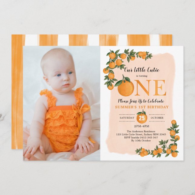 Little Cutie Orange Citrus 1st Birthday Photo Invitation (Front/Back)
