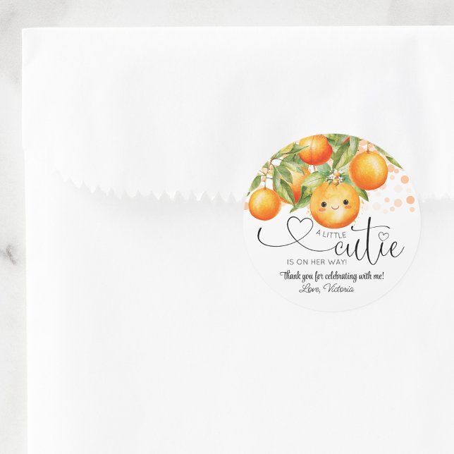Little Cutie Orange Citrus Baby Shower Classic Round Sticker (Little cutie baby shower stickers.)