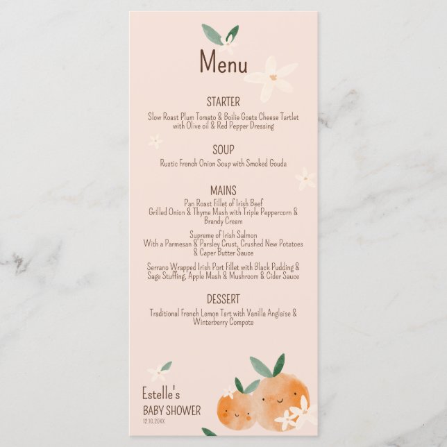 Little Cutie Orange Citrus Botanical Baby Shower Menu (Front)