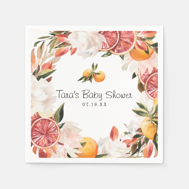 Little Cutie | Orange Citrus Botanical Baby Shower Napkin (Front)