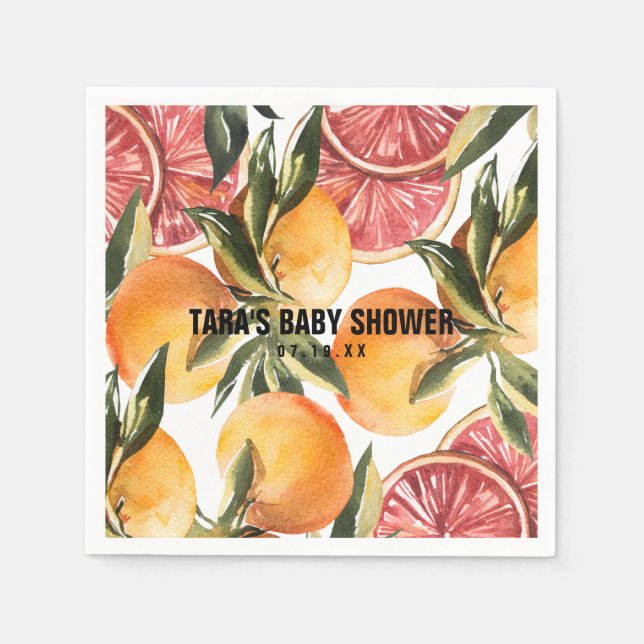 Little Cutie | Orange Citrus Botanical Baby Shower Napkin (Front)