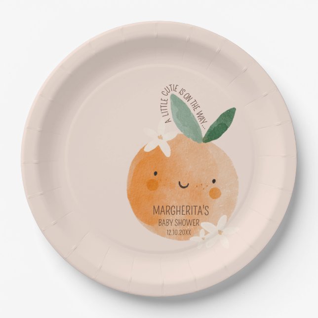 Little Cutie Orange Citrus Botanical Baby Shower Paper Plate (Front)
