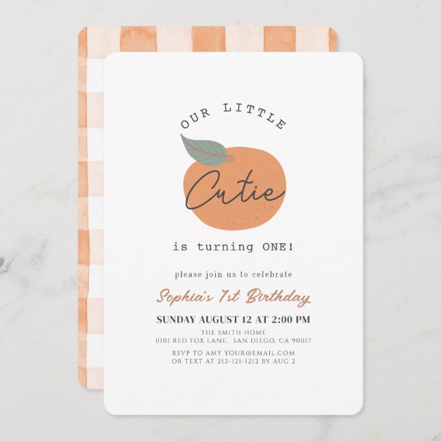 Little Cutie Orange Clean 1st Birthday Invitation (Front/Back)
