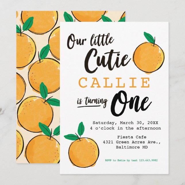 Little Cutie Orange First Birthday Invitation (Front/Back)