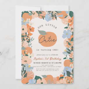 Little Cutie Orange Floral 1st Birthday Invitation