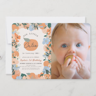 Little Cutie Orange Floral 1st Birthday Photo Invitation