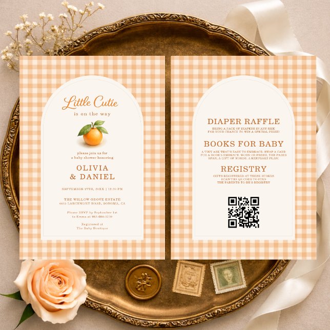 Little Cutie Orange Gingham All in One Baby Shower Invitation (Creator Uploaded)
