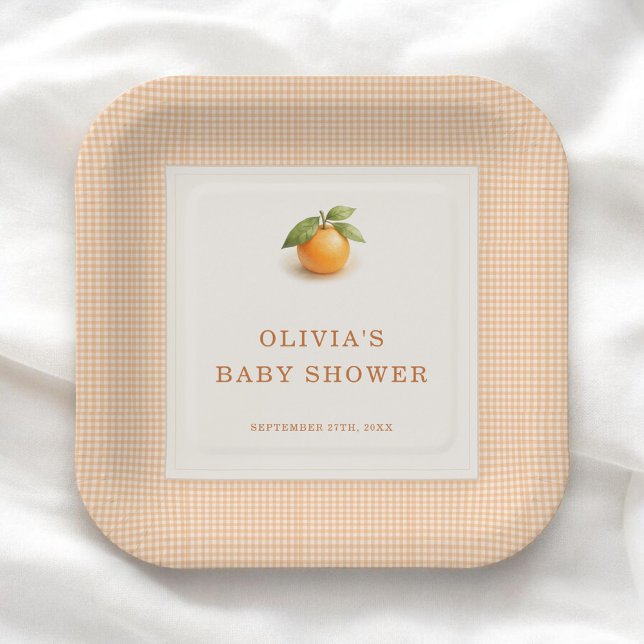 Little Cutie Orange Gingham Baby Shower Party Paper Plate (Creator Uploaded)