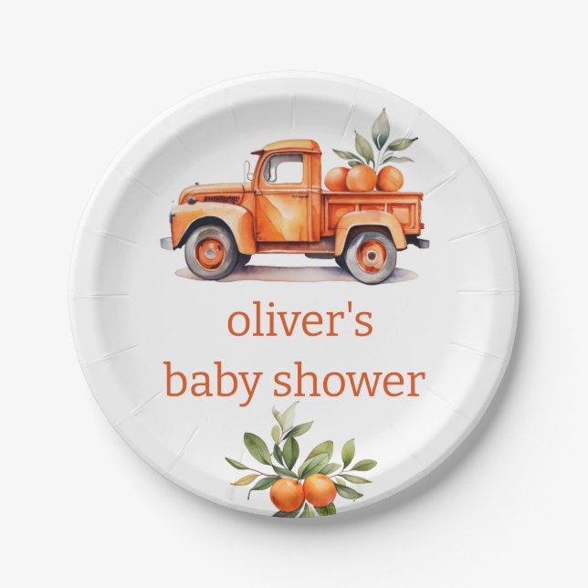 little cutie orange truck citrus baby shower  paper plate (Front)