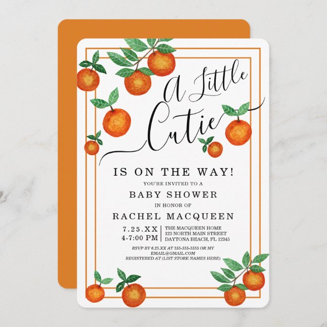 Little Cutie Oranges Fruit Border Baby Shower Invitation (Front/Back)
