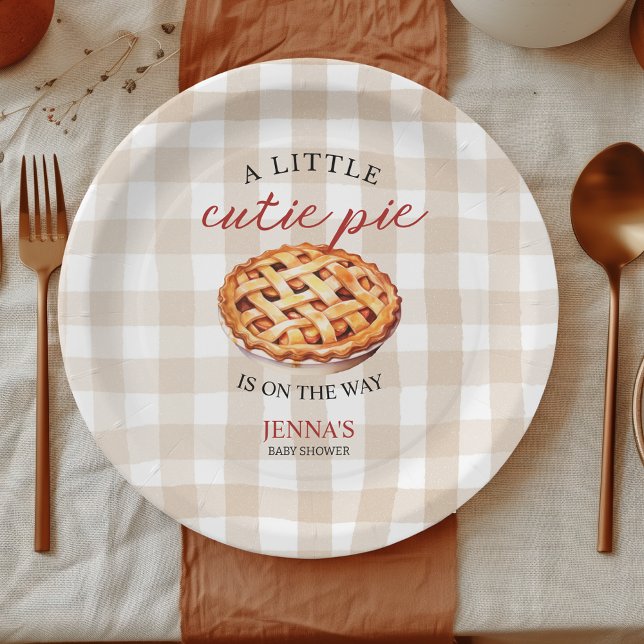 Little Cutie Pie Baby Shower Gingham Fall Paper Plate (A little cutie pie is on the way baby shower fall themed gingham personalized paper plate)