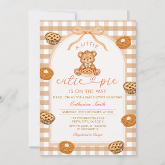 Little Cutie Pie Bear Gingham Bow Baby Shower  Invitation