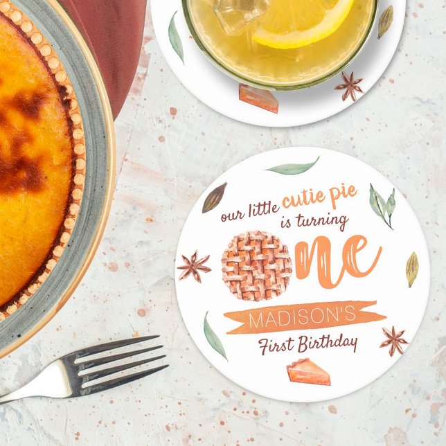 Little Cutie Pie Fall 1st Birthday Round Paper Coaster (Creator Uploaded)