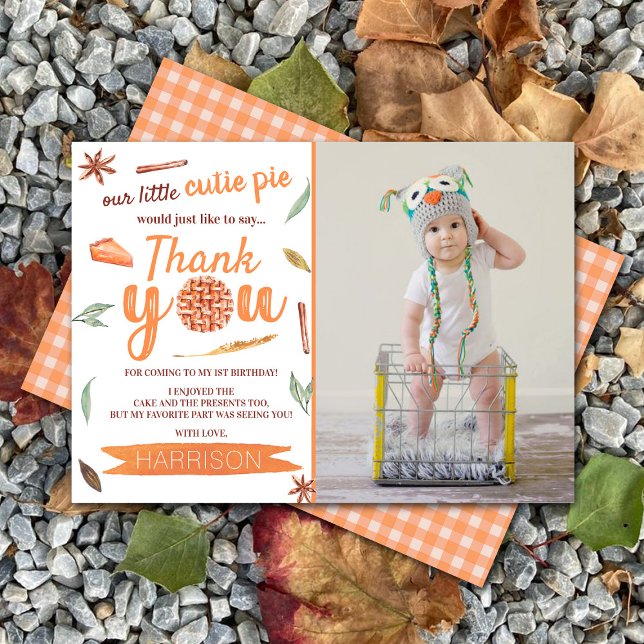 Little Cutie Pie Fall Photo 1st Birthday Thank You Card (Creator Uploaded)