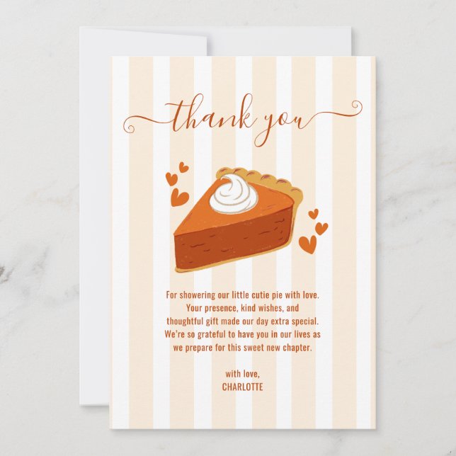 Little Cutie Pie Fall Stripes Pumpkin Baby Shower Thank You Card (Front)