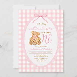 Little Cutie Pie Gingham Bear First Birthday Invitation