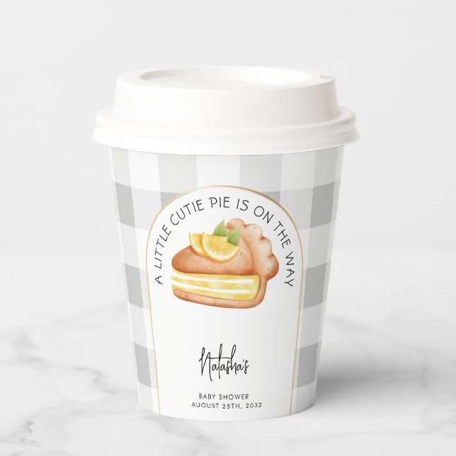 Little Cutie Pie Grey Gingham Plaid Baby Shower Paper Cups (Front)