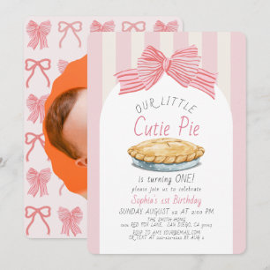 Little Cutie Pie Pink Bow Girl Photo 1st Birthday Invitation
