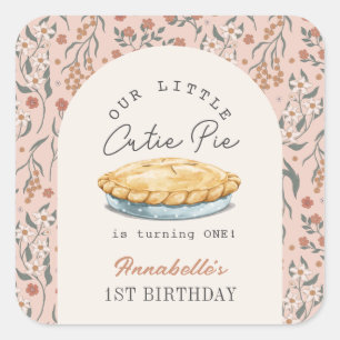 Little Cutie Pie Pink Floral Girl 1st Birthday Square Sticker