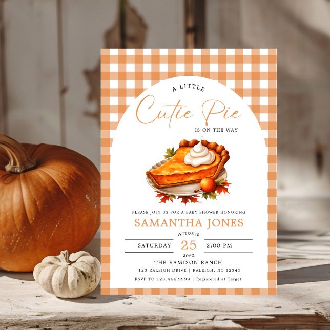 Little Cutie Pie Pumpkin Fall Gingham Baby Shower Invitation (Creator Uploaded)