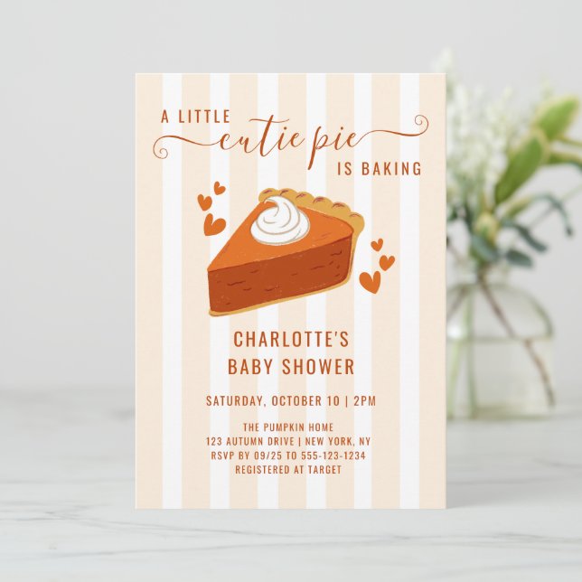 Little Cutie Pie Pumpkin Fall Stripes Baby Shower Invitation (Standing Front)
