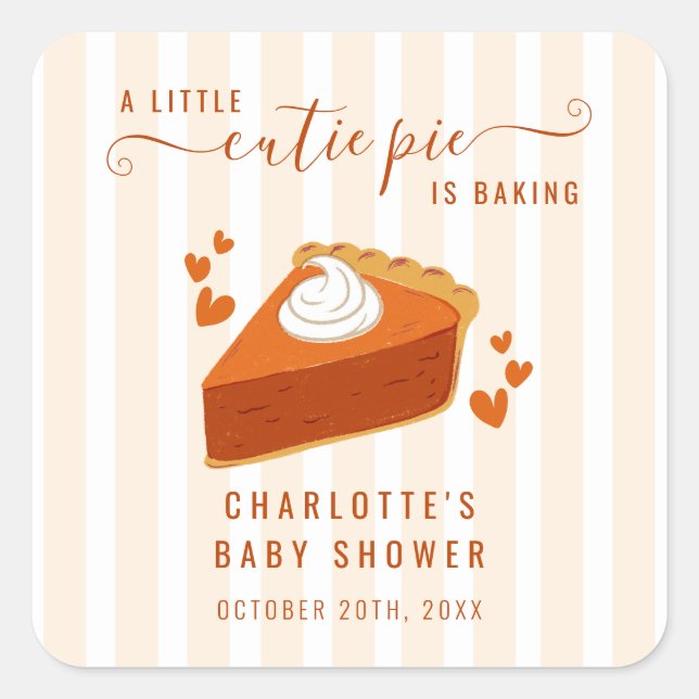 Little Cutie Pie Pumpkin Fall Stripes Baby Shower Square Sticker (Front)