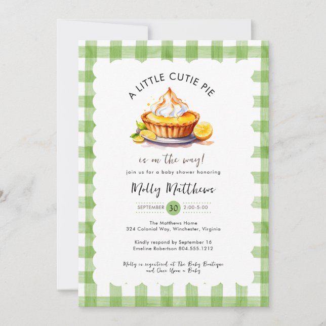 Little Cutie Pie Watercolor Gingham Baby Shower  Invitation (Front)