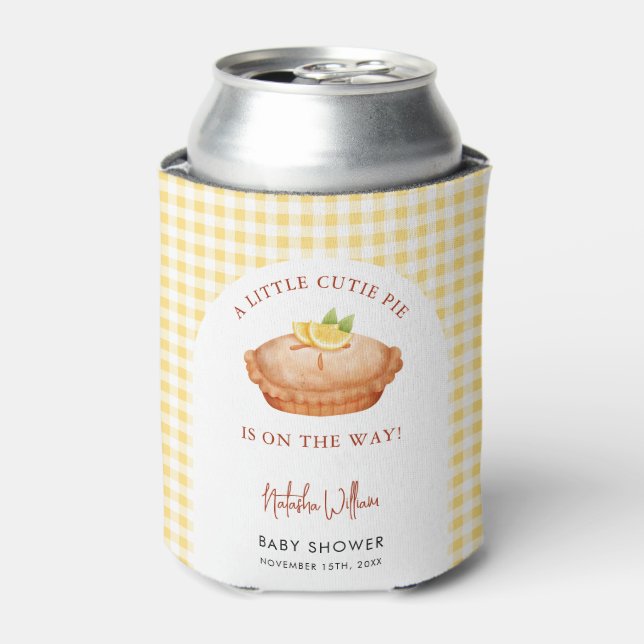 Little Cutie Pie Yellow Chequered Baby Shower Can Cooler (Can Front)