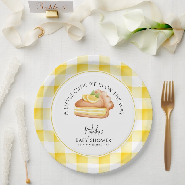 Little Cutie Pie Yellow Gingham Plaid Baby Shower Paper Plate (Wedding)