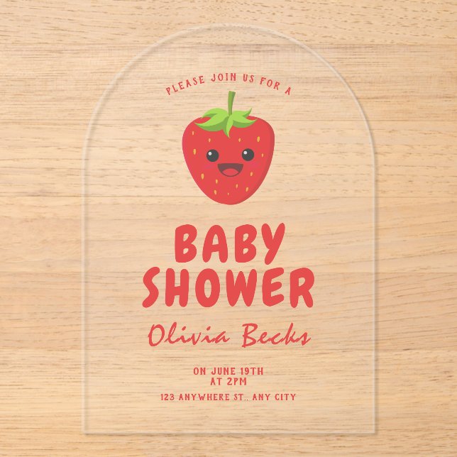 Little Cutie Strawberry Baby Shower  Acrylic Invitations (Front)