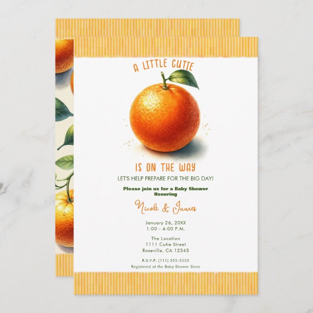 Little Cutie Watercolor Orange Baby Shower Invitation (Front/Back)