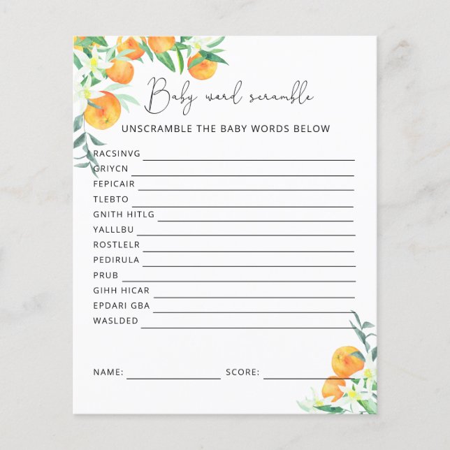 Little cutie Word Scramble | Baby Shower Game (Front)