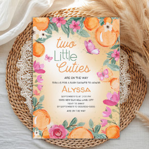 Little Cuties Orange Pink Floral Butterflies Twin Invitation