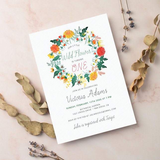 Little Dahlia Wildflower Wreath Photo Birthday Invitation (Creator Uploaded)