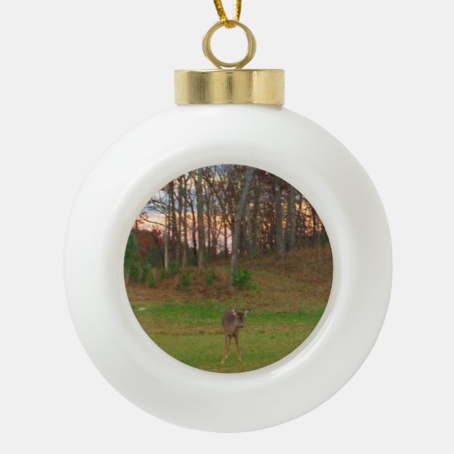 Little Deer & a Pink SunSet Ceramic Ball Christmas Ornament (Front)